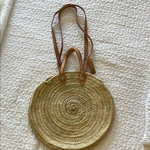 Round Straw Tote Bag with Tan Handles